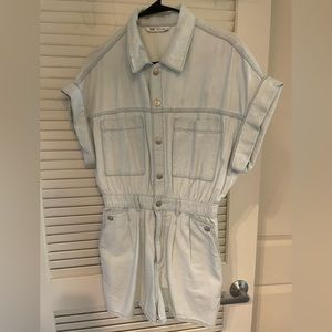 Denim utility romper/ jumper shorts. Light denim.